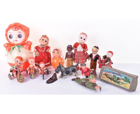 Collection of Japanese wind-up celluloid toys, including boxed alps Sharp Shooter crawling solider, dog playing with tinplate