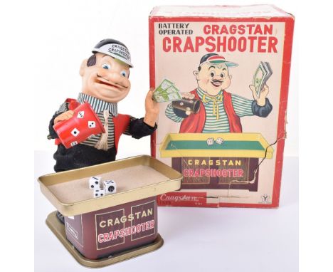 Boxed Cragstan battery operated Crapshooter novelty toy, circa 1960, dressed Crapshooter with rubber face, craps table and th