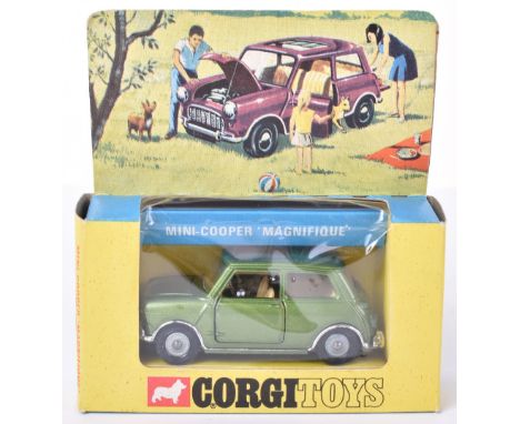 Corgi Toys 334 Mini Cooper ‘Magnifique’&nbsp;metallic green body, sunshine roof, cast wheels, cream interior, in near mint or