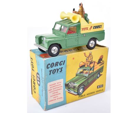 Corgi Toys 472 Land-Rover Public Address Vehicle ‘Vote for Corgi’ green/yellow body, red interior, spun wheel hubs, two figur