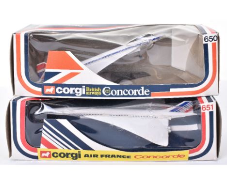 Two Boxed Corgi Toys Concorde Aircraft,650 British Airways (no internal packing in box) 651 Air France, models are excellent 