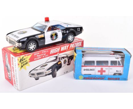Boxed Taiyo of Japan tinplate battery operated High Way Patrol, 1970s, black and white Highway Patrol car with non-fall myste