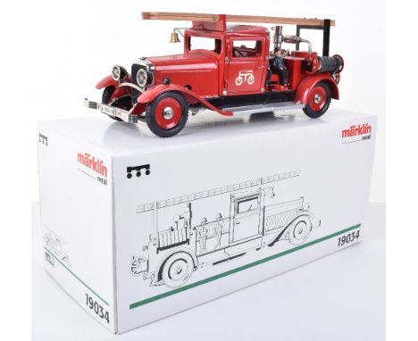 Marklin (Germany) 19034 Tinplate Construction Fire Engine, red body, wooden ladders, bell,  four composition fireman figures,