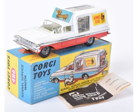 Corgi Toys 486 Kennel Service Wagon, Chevrolet Impala, red/white body, light blue interior, cast spun wheel hubs, four dogs, 