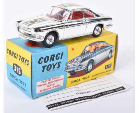 Corgi Toys 315 Simca ‘1000’ Competition, chrome plated body, red interior, spun wheel hubs, red/blue/white stripe no ‘8’ in n