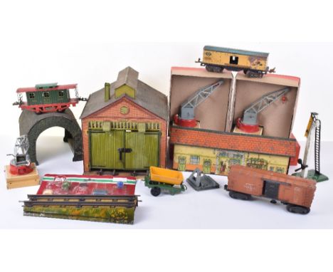 Hornby Series No.1 Engine shed, fair condition, lacks three chimney’s some scratches and dents to doors, together with two bo
