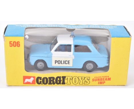 Corgi Toys 506 Police Panda Sunbeam Imp, light blue/white body, luminous door panels, cast wheels, blue roof light, in near m