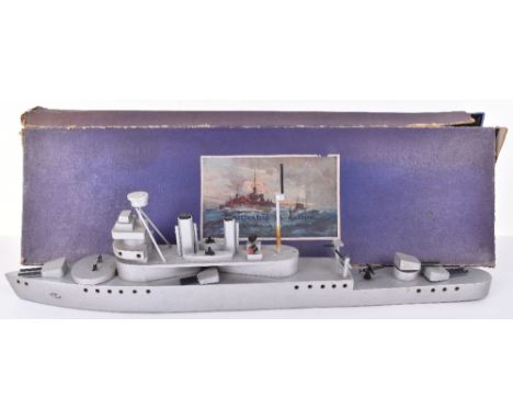 Chad Valley boxed Battleship in Action wooden waterline model with firing torpedo tubes, large scale Battleship finished in s