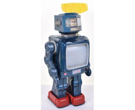 Tinplate Japanese T.V spaceman Robot, 1960s, blue and red tinplate spaceman with T.V screen and yellow antenna, 29cm (11 ½”) 