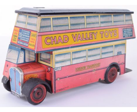 Chad Valley for Carr’s biscuits tinplate c/w London Transport Double Decker bus, red with repainted grey detachable roof, tin