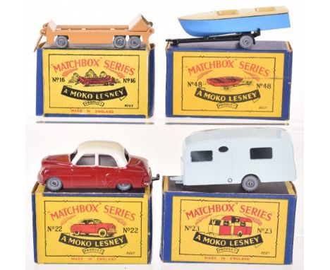 Four Matchbox Moko Lesney Regular Wheel Models, 16a Transporter trailer, tan body, metal wheels, in type B1 box, 22a Vauxhall