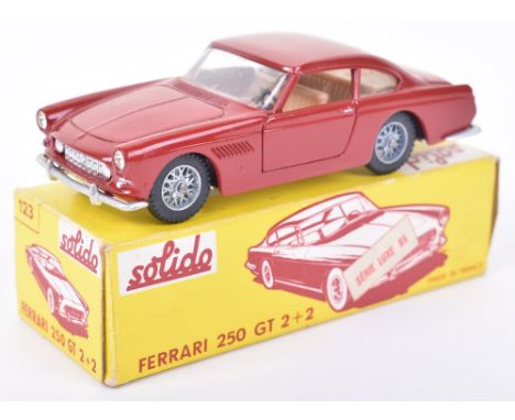 Solido boxed 123 Ferrari 250 GT 2+2, red body, opening doors with tan interior, spoked wheels, in yellow picture box, near mi