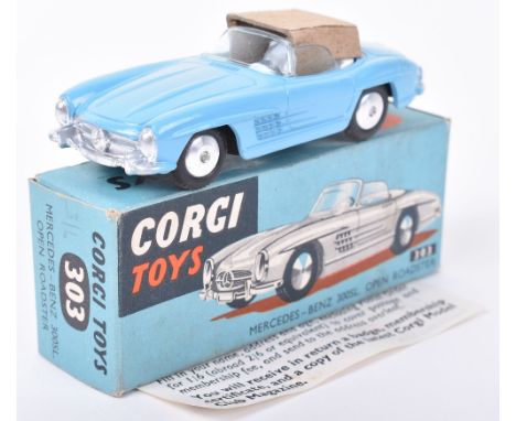 Corgi Toys 303 Mercedes Benz 300SL Open Roadster,  pale blue body, white interior, flat spun wheel hubs, in near mint origina