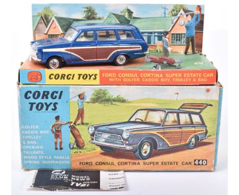 Corgi Toys boxed 440 Ford Consul Cortina Super Estate with golfer and caddie, metallic dark blue with brown side panels, golf