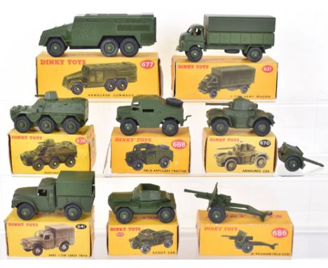 Eight Boxed Military Dinky Toys 621 Bedford 3-Ton Army Wagon,641 Army 1-Ton Cargo Truck, 670 Armoured Car, 673 Scout Car, 676