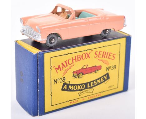 Matchbox Moko Lesney 39a  Ford Zodiac Convertible, peach body, light green base, metal wheels, tan driver, in near mint condi