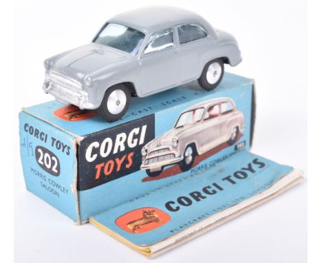 Corgi Toys 202 Morris Cowley Saloon, grey body, clear windows, flat spun  wheels, in mint original condition, original blue b