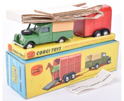 Corgi Toys Gift Set No 2 Land-Rover with Rice’s Pony Trailer and Pony, green Land-rover, tan tin tilt, flat spun wheel hubs, 