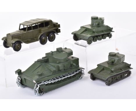 Four Early Dinky Toys Military Models, 151a Medium Tank, military green, missing wire aerial, replacement wire tracks, 2 x 15