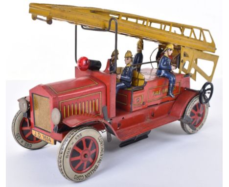 Pre War Distler (Germany) Tinplate Clockwork Fire Engine, red, with orange tin printing, four seated tinplate fireman, yellow