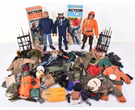 Collection of Action Man and accessories including boxed Action Man Sailor and Adventurer, boxed Sailor black hair and beard 