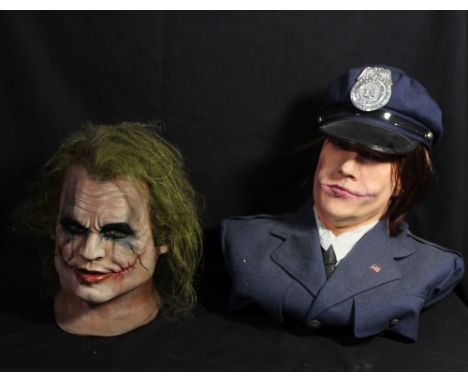 BATMAN; a bust of the Joker modelled after Heath Ledger in police uniform, height approx 42cm, and a rubber mask of the same 