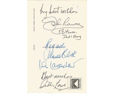 Dads Army John Laurie, James Beck, Ian Lavender and Arthur Lowe signed postcard. Good Condition. All signed items come with o