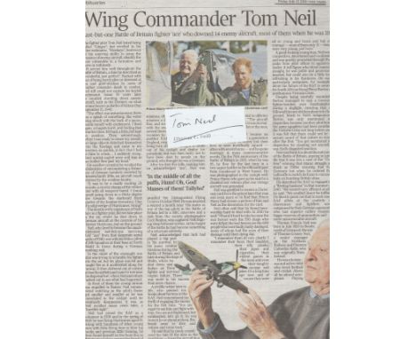WW2 Signature and 2-page full obituary (The Times 13 July 2018) of Wing Commander Thomas Francis Neil DFC* AFC 249 Squadron B
