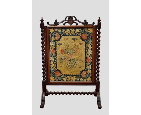 Attractive needlework firescreen, English, mid-18th century, worked in petit point in coloured wools with silk highlights dep