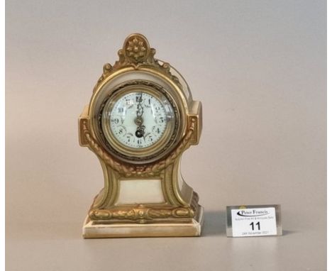 Royal Worcester blush ivory cased single train mantel clock having enamel face with classical swag decoration, puce printed m