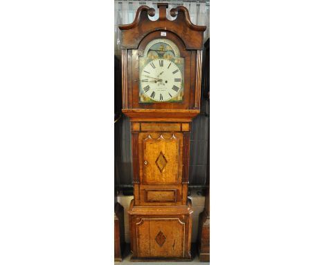 19th Century North Wales mahogany and oak 8 day longcase clock, the case with broken arched pediment to the hood, above arch 