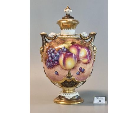 Royal Worcester 1970's porcelain two handled pedestal vase and cover of baluster form, painted and signed by Freeman and deco