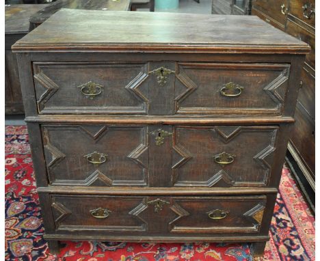 17th century oak Jacobean straight front chest of three drawers, standing on style feet. 86 x 56 x 83cm approximately.(B.P. 2