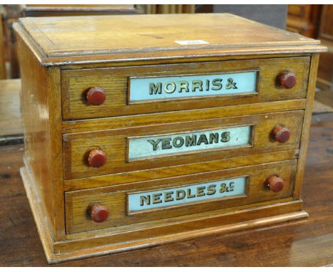 Early 20th Century table top three drawer haberdashery cabinet, marked 'Morris &amp; Yeomans Needles', 39 x 30 x 27cm approx.