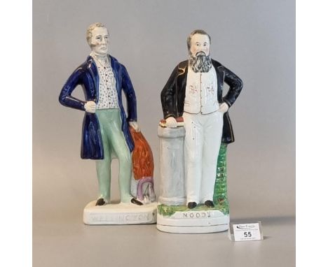 Two 19th Century Staffordshire pottery flat backed portrait figures; 'Wellington' and 'Moody'. 34cm high approx. (2)(B.P. 21%