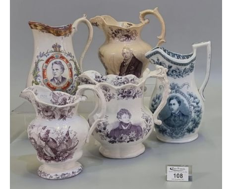 A good collection of five 19th Century pottery commemorative jugs to include; Prince of Wales and Princess Alexandra blue tra