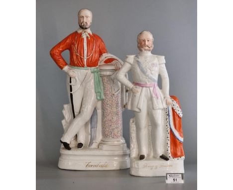 Two Staffordshire pottery flat backed portrait figures, 'King of Prussia' and 'Garibaldi', 41 & 48cm high approx. (B.P. 21% +