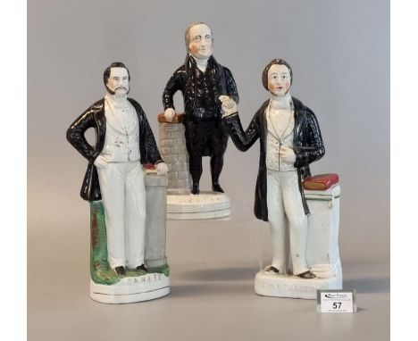 Three 19th Century Staffordshire pottery religious portrait figures, 'G.H Spurgeon', 'Sanky' and 'J Bryan'. 33 and 27cm high 