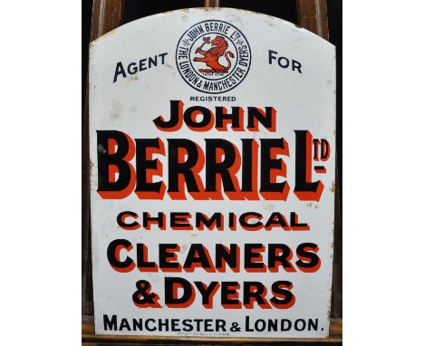 Vintage enamel single sided advertising sign, Agent for John Berrie Ltd Chemical Cleaners & Dyers of Manchester and London, t