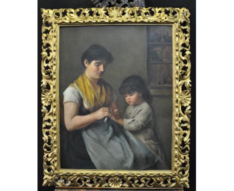 Continental school (late 19th/early 20th Century), portrait of a mother and child, oils on canvas. 23 x 56cm approx. Gilded a