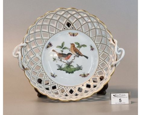 Herend Hungarian porcelain hand painted lattice design basket with twisted handles, the central panel hand painted with birds