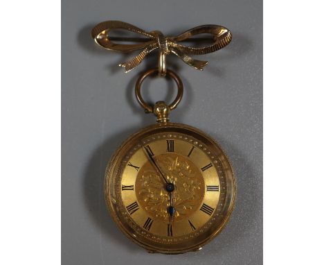 18ct gold fancy key wind fob watch with engine turned Roman face and foliate engraved case, inner case and suspension loop no