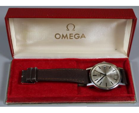 Omega steel gentleman's wristwatch with satin face having baton numerals and date aperture on leather strap. Original Omega b