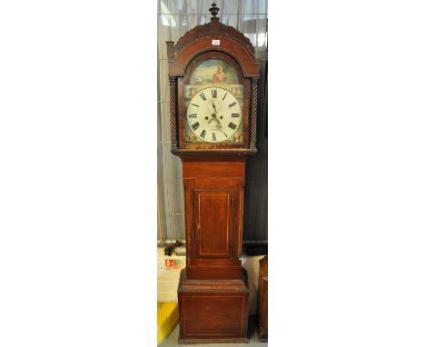 19th Century Welsh mahogany 8 day longcase clock marked Joseph Kerr, Swansea, having arched aperture flanked by writhen colum