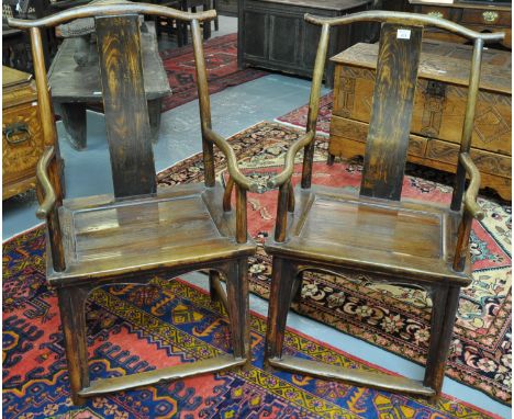Pair of Chinese stained wooden splat backed elbow chairs with solid panel seats. (2)(B.P. 21% + VAT) Some wear and movement i