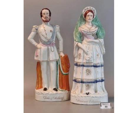 A companion pair of 19th Century Staffordshire pottery large portrait figures, 'Duke of Edinburgh' and 'Duchess of Edinburgh'