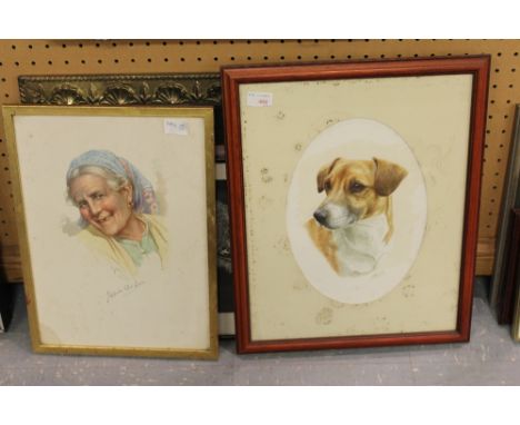 Group of pictures and mirror including G. De Luca portrait of gypsy woman and watercolour of a terrier by James Rowley