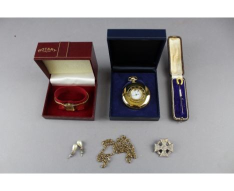Gold horse shoe pin, Rotary watch, cased pocket watch etc