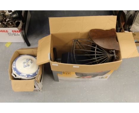 Two boxes including china, oak book trough, ebony brushes etc