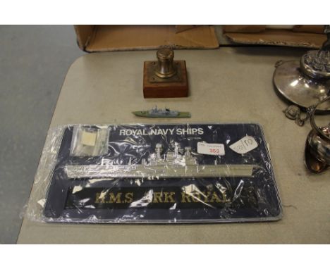 Mounted brass item from HMS Jutland, Lead ship and HMS Ark Royal plaque